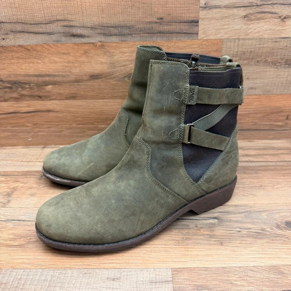 Teva Ellery Ankle Boots Womens 9 Olive Green Leather Waterproof Side Zip Chic